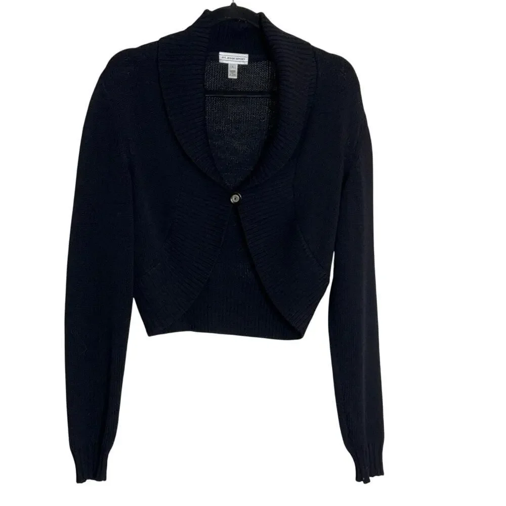 St. John Sport Black Santana Wool Knit Cardigan Sweater Size L